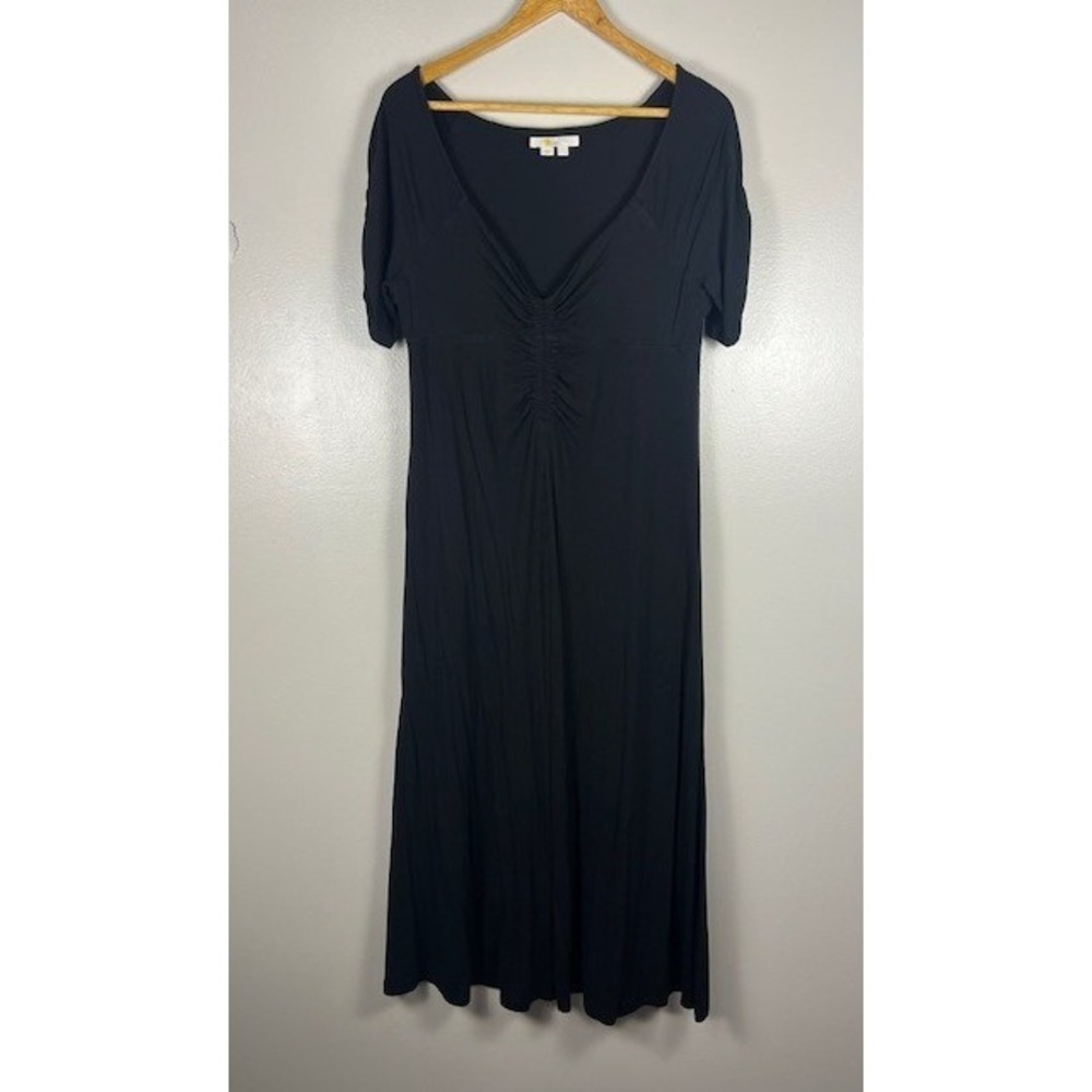 Boden Black V-Neck Ruched Empire Waist Midi Dress Short Sleeve US 10R D0559